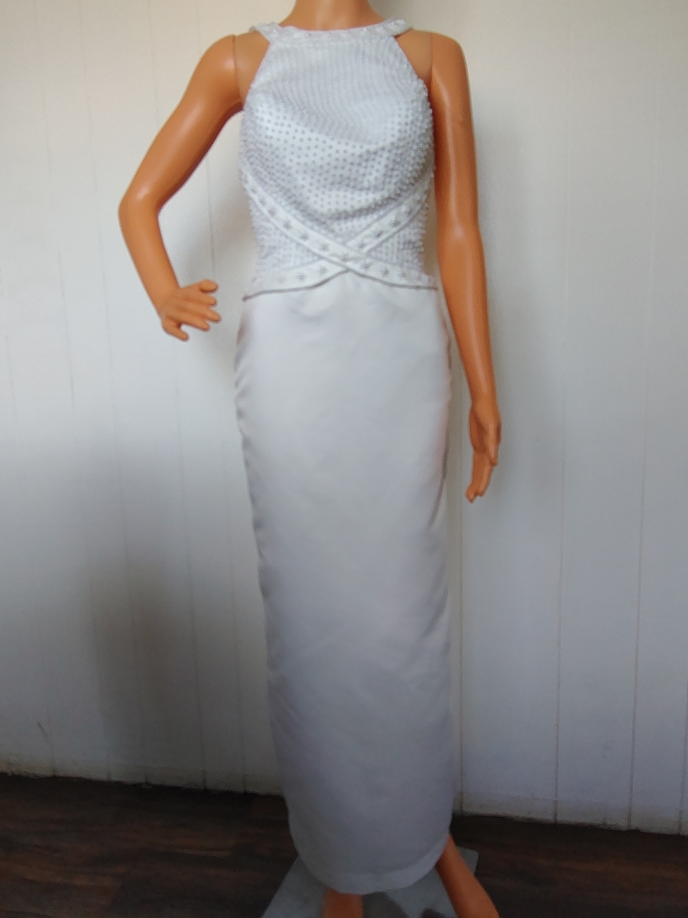 Christina Collection Vintage Pearl Halter Satin Column Gown Wedding Dress White